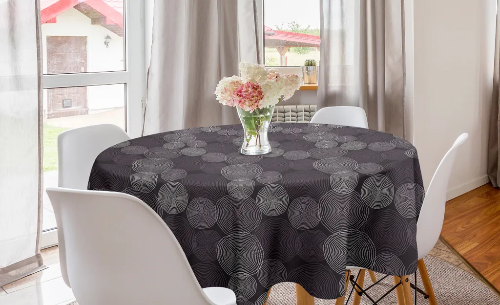 ABAKUHAUS Tovaglia rotonda astratta, cerchi complessi fugaci, tovaglia circolare per sala da pranzo, decorazione cucina, 150 cm, grigio melanzana