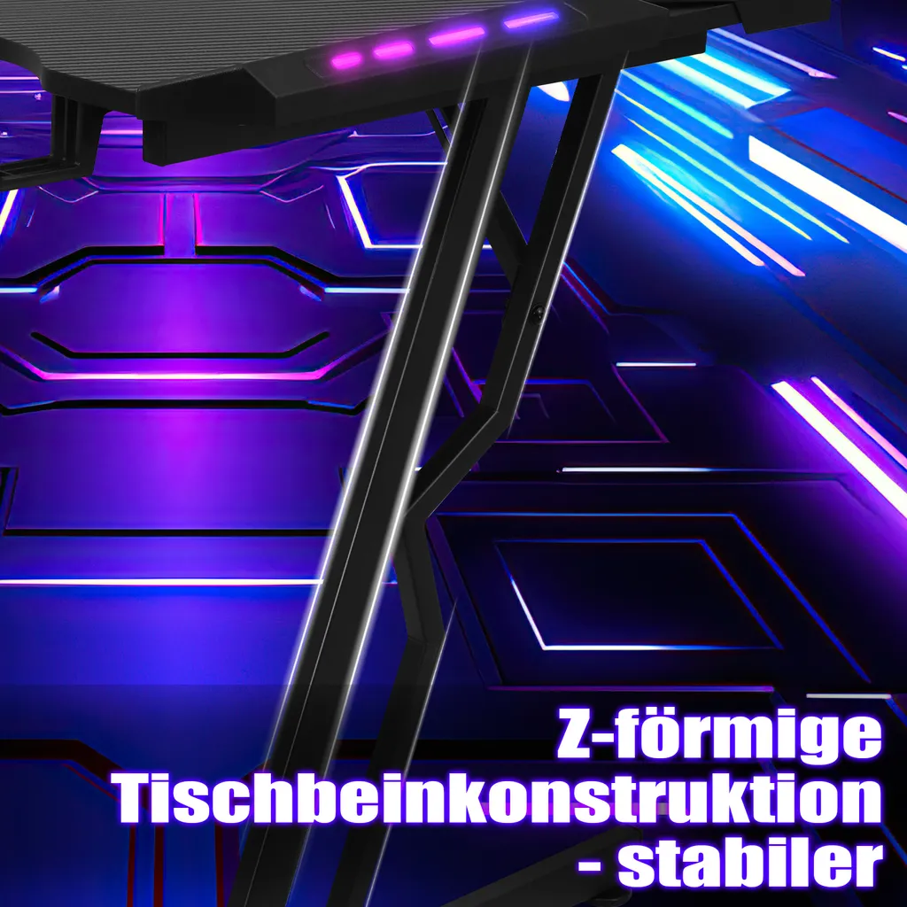 Jayseuw Tavolo da gioco 140 x 60 cm LED Gaming Desk Robusto tavolo per computer Tavolo per PC nero con portabicchieri e rivestimento in fibra di carbonio per cavi Tavolo per gamer Tavolo per ufficio da gioco - 4