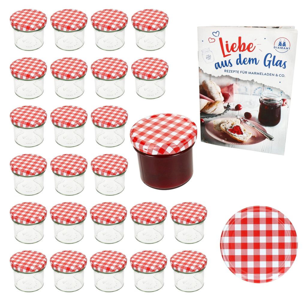 A set of small glass jars with red and white checkered lids, a jar filled with jam, and a recipe booklet.