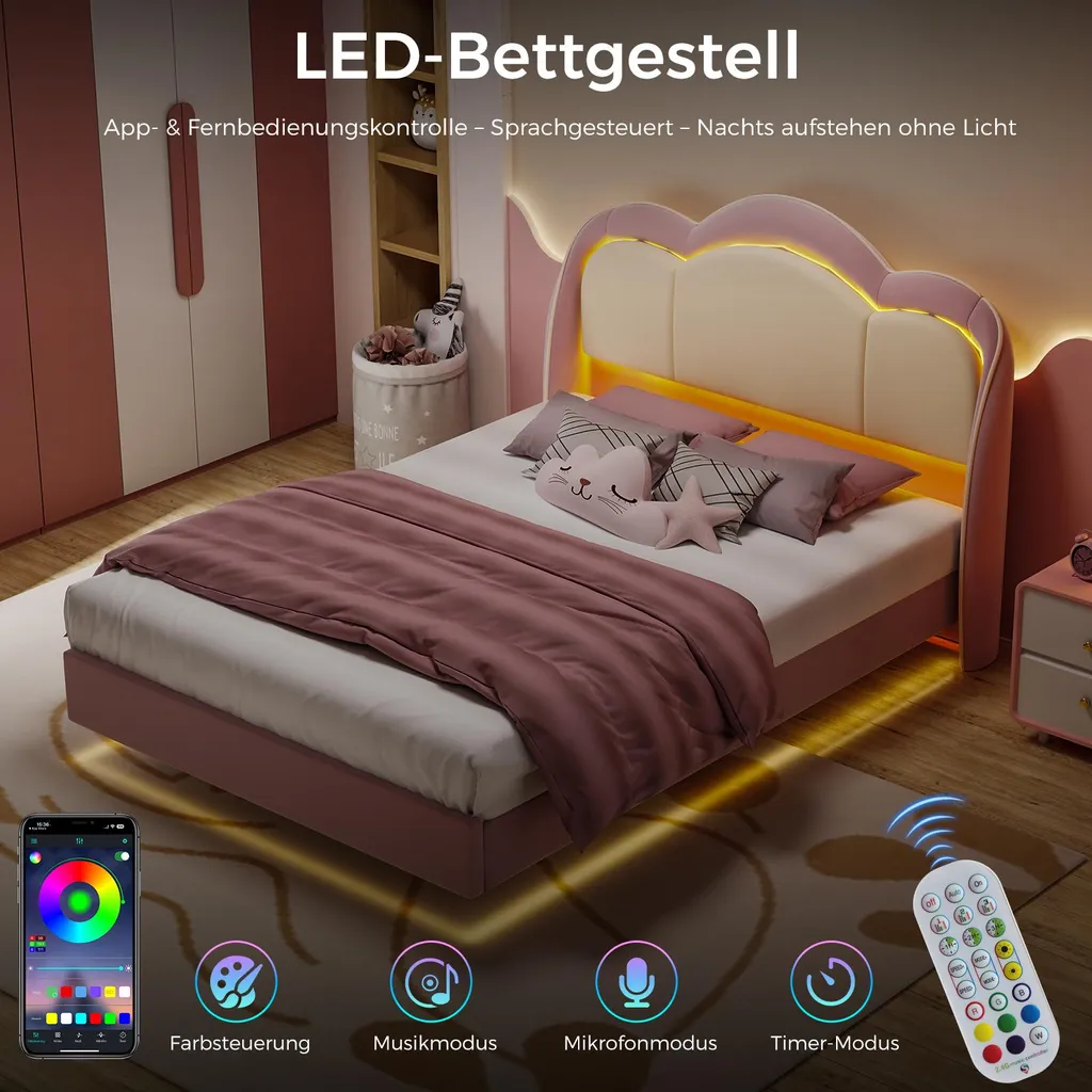 Lit LED Musical Rose 90x200 cm Design Nuage et Structure Suspendue - 3