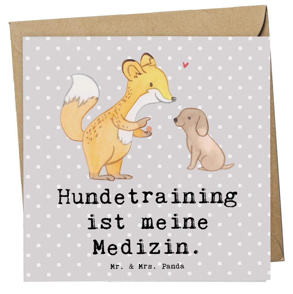 Mr. & Mrs. Panda Glückwunschkarte Fuchs Hundetraining - Grau Pastell - Geschenk, Hundeprüfung, Welpenschule, Klappkarte, doppelkarte, anlasskarte...