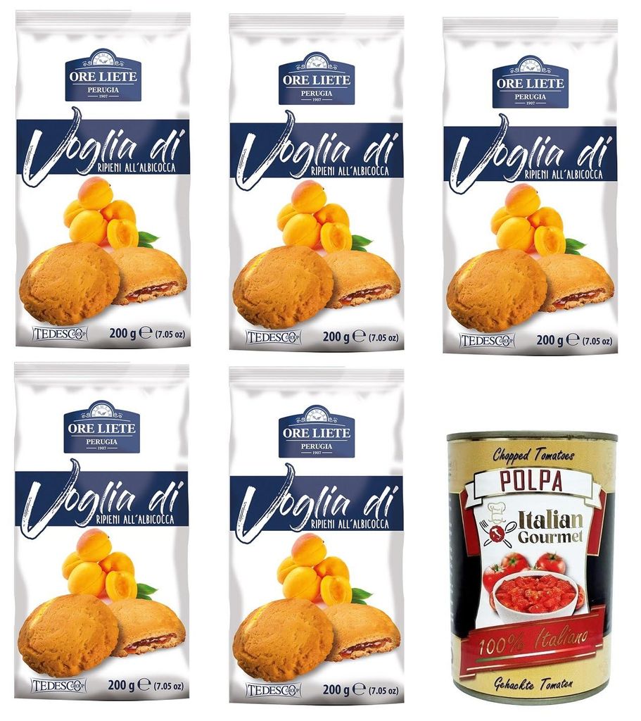 Ore Liete Perugia- Voglia Di Biscotti di frolla ripieni di Albicocca Lust auf mit Aprikosen gefüllte Mürbeteigkekse 5x200gr+ Italian Gourmet polp...
