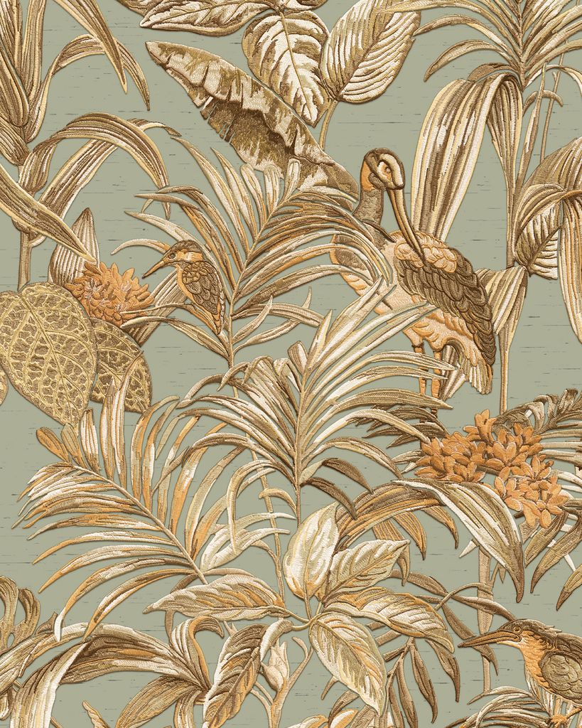 Profhome DE120017-DI Vogel Tapete Vogelmuster glänzend blau gold kupfer 5,33 m2