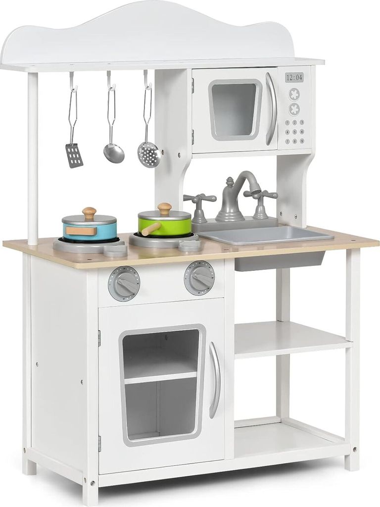 Kinderküche mit Zubehör, Miniküche mit Spüle Backofen Mikrowelle Herd, Kinderspielküche Holzküche Spielzeugküche, Spielküche für Kinder ab...