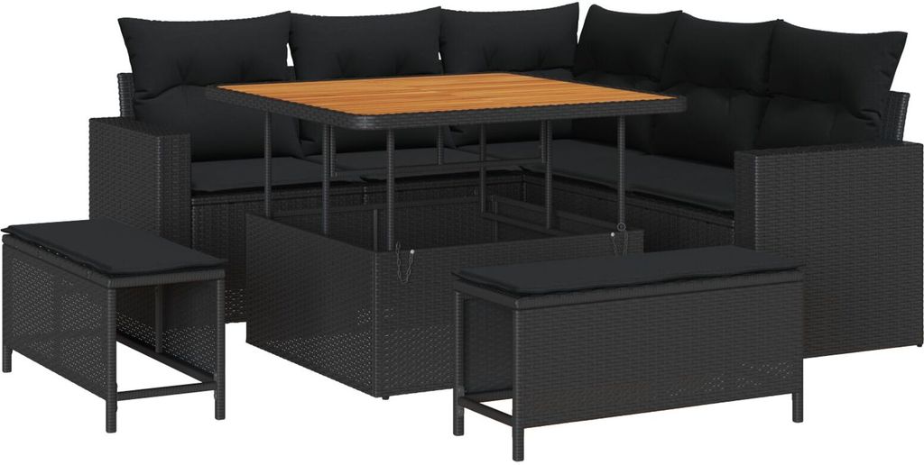Möbel 8-teiliges Garten-Sofa-Set mit Kissen Schwarz Poly-Rattan Akazie, 3-teiliges Garten-Ess-Set mit Kissen Schwarz Poly-Rattan Akazie - Gartenso...
