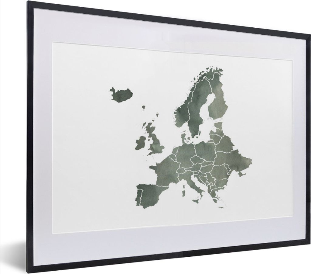 MuchoWow MuchoWow Gerahmtes Poster Karte von Europa - Aquarell - Grau 40x30 cm - Poster mit zchwarzem Bilderrahmen - Bilderrahmen - Poster im R...