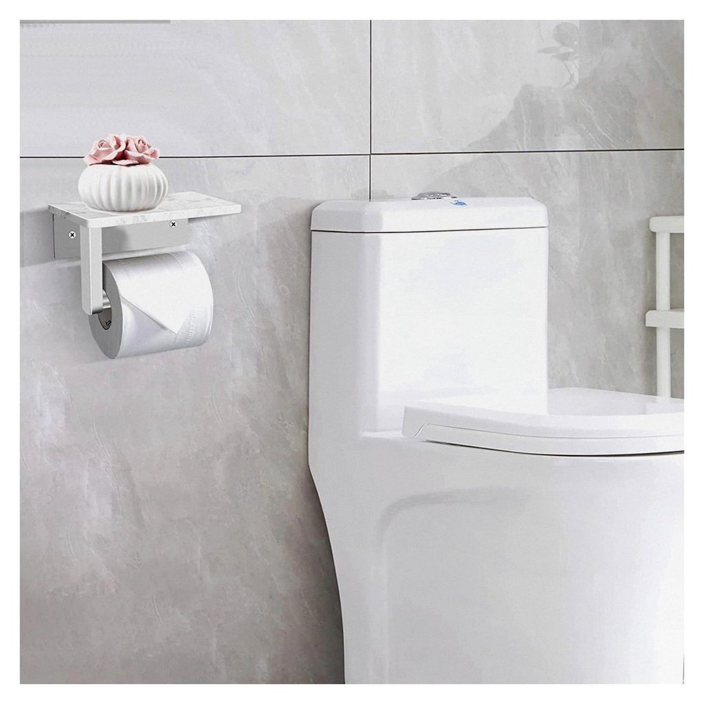 Toilettenpapierhalter ohne Bohren, Edelstahl mit weißem Marmorregal, selbstklebend oder zur Schraubmontage, Klorollenhalter für Küche und Bad