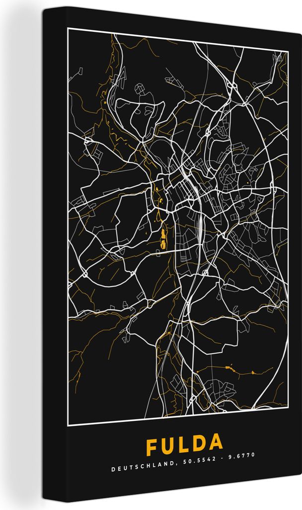 OneMillionCanvasses - Leinwandbilder - 90x140 cm, Fulda - Stadtplan - Gold - Karte - Deutschland, Wandbilder Kunstdruck Wanddekoration - Foto auf...