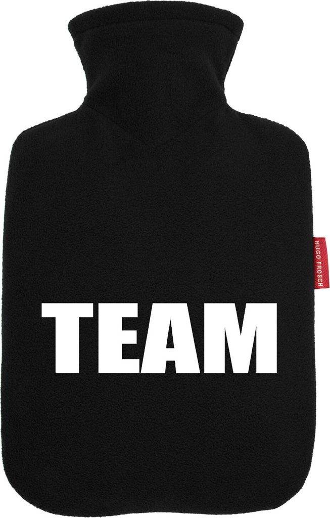 Huuraa Wärmflasche Team Schriftzug 1,8 Liter Black Classic Veloursbezug Bettflasche Geschenkidee