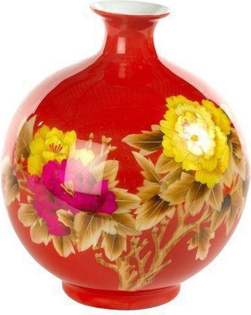Fine Asianliving Chinesische Vase Porzellan Weizenstroh Pfingstrose Rot Handgefertigt D25xH29.5cm Dekorative Vase Blumenvase Orientalische Keramik ...