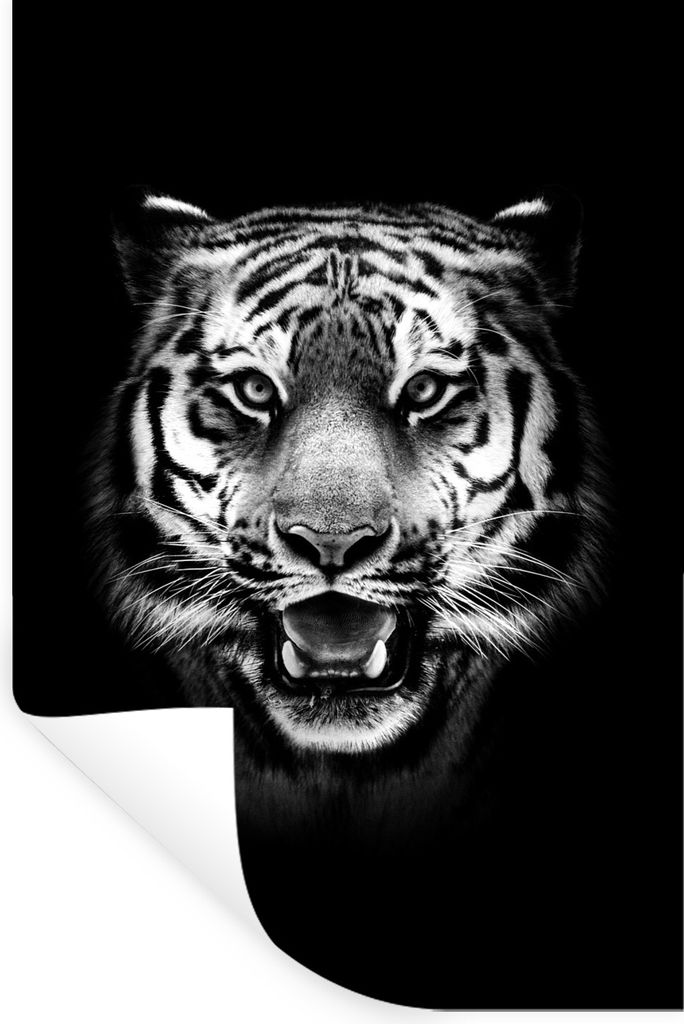 MuchoWow Wandtattoo Wandsticker Wandaufkleber Tigerkopf vor schwarzem Hintergrund - schwarz und weiß 60x90 cm Selbstklebend und Repositionierbar...
