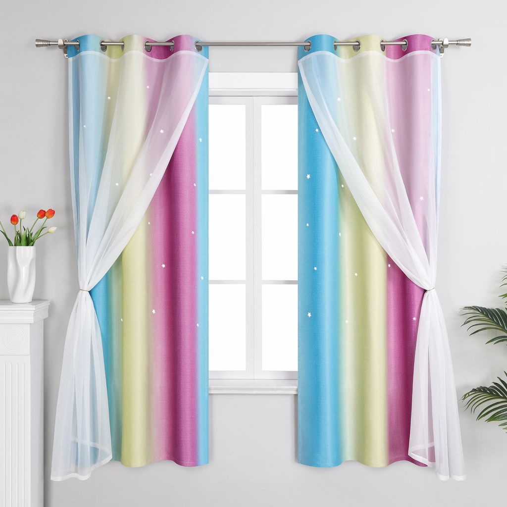 Joyswahl Verdunkelungsvorhänge mit Ösen Sterne Blickdichte Doppelte Gradinen Farbverlauf Thermovorhang für Kinderzimmer BxL 100x200cm Lila