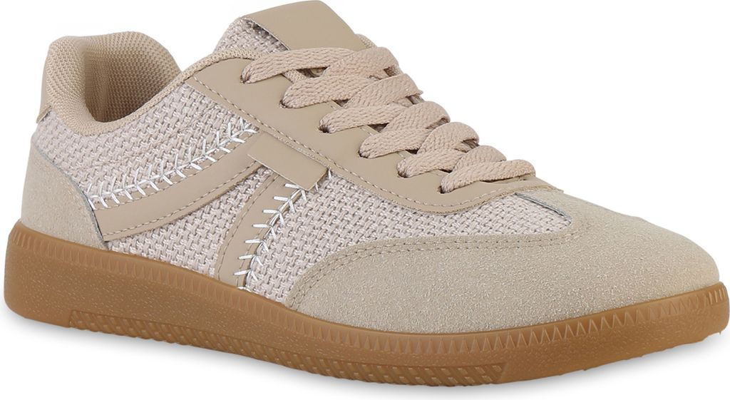 VAN HILL Damen Sneaker Low Schnürer Bequeme Freizeit Strick Schnür-Schuhe 841520, Farbe: Khaki, Größe: 36