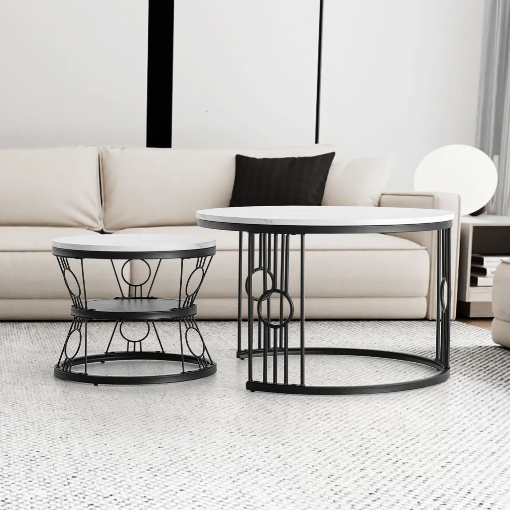 Table Basse Ronde Set de 2 Tables d'Appoint Style Industriel Blanc Noir