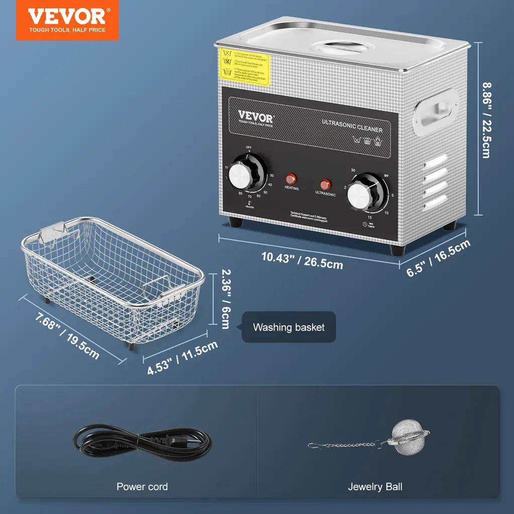 VEVOR 3L pulitore ad ultrasuoni con timer di riscaldamento e cestello macchina digitale professionale a cavitazione sonica, 120 W macchina di pulizia per strumenti di orologio occhiali monete parti metalliche strumenti argento - 7