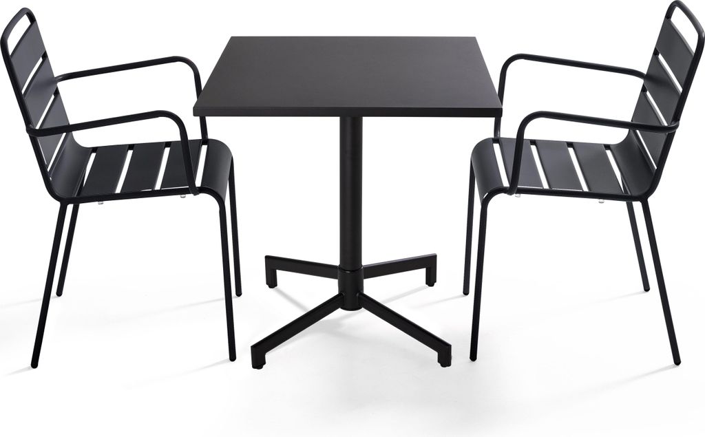 Set aus 70 cm Tisch und 2 grauen Gartensesseln aus Metall - Oviala Palavas