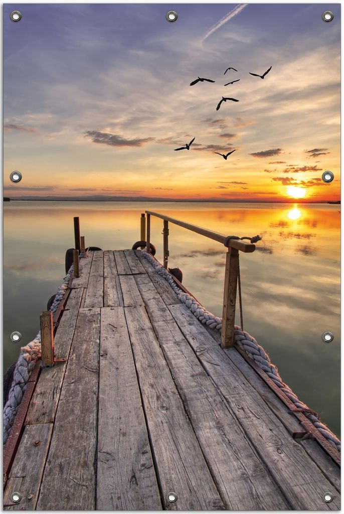 Wallario Outdoor-Poster für Garten oder Balkon, Motiv Sonnenuntergang über dem See idyllischer Steg, in ca. 80 x 120 cm