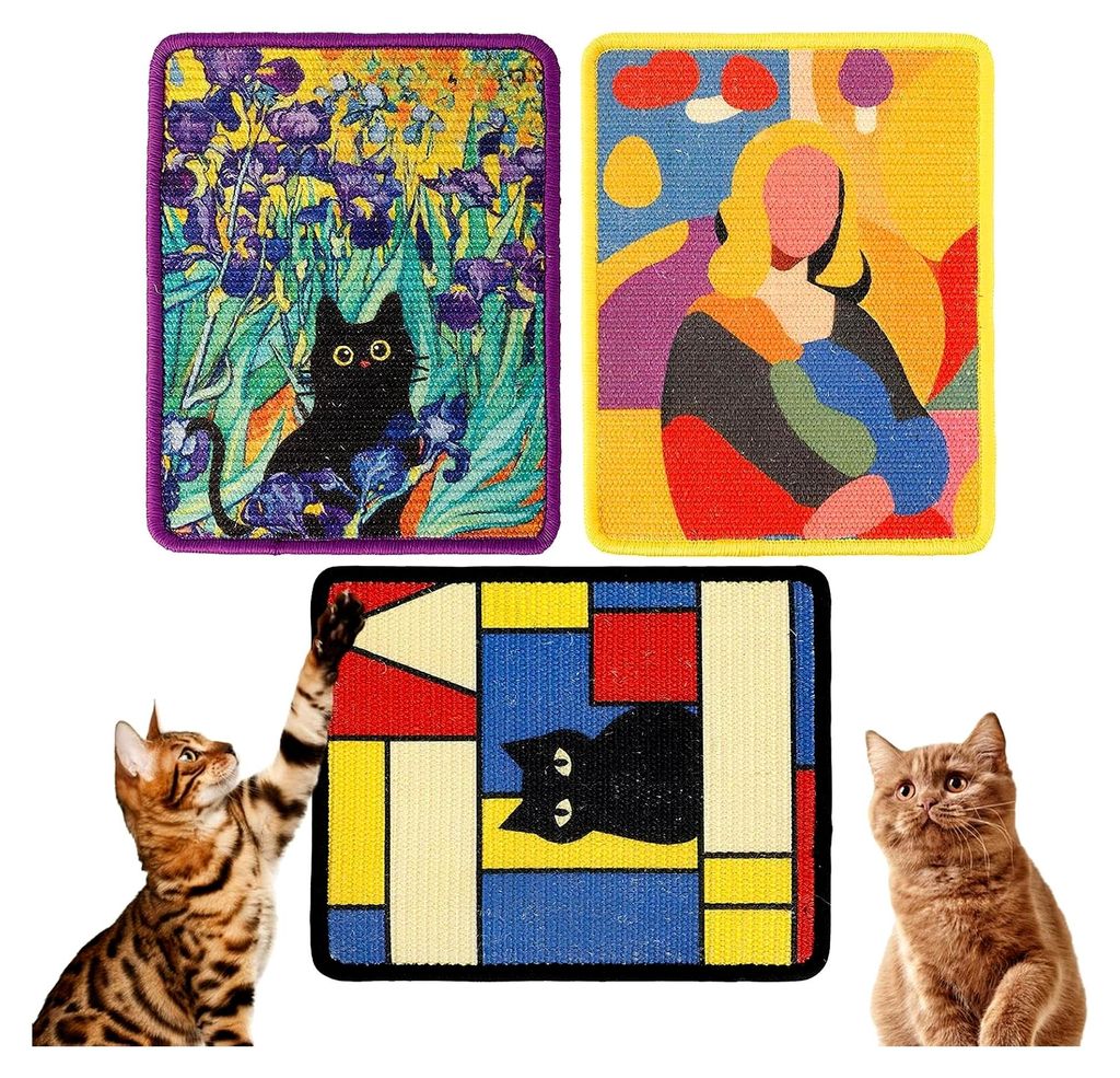 Krallenmatte für Katzen | 3-teilig, dekorativ, aus Sisal mit abnehmbarem Kleber für Wand und Boden – für Kätzchen, Krallenschärfen, Innenber...