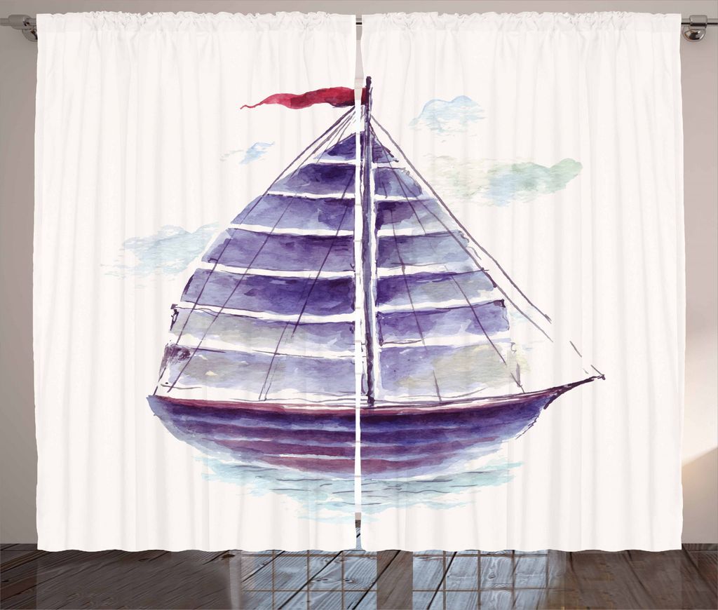 ABAKUHAUS Vintage Boat Rustikaler Gardine, Retro Schiff Antike, Schlafzimmer Kräuselband Vorhang mit Schlaufen und Haken, 280 x 245 cm, Lila Hellblau