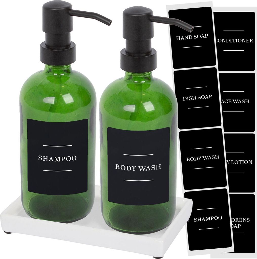 Harbor Housewares 2-teiliges Seifenspender-Set aus Glas mit Keramikschale und Etiketten – 500 ml – Grün/Schwarz