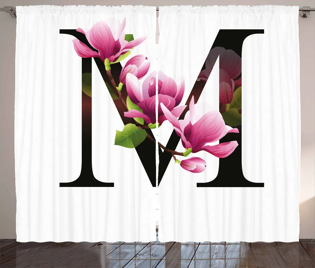 Rideau pour Chambre Décoratif Lettre M et Magnolia Noir 280x225 cm