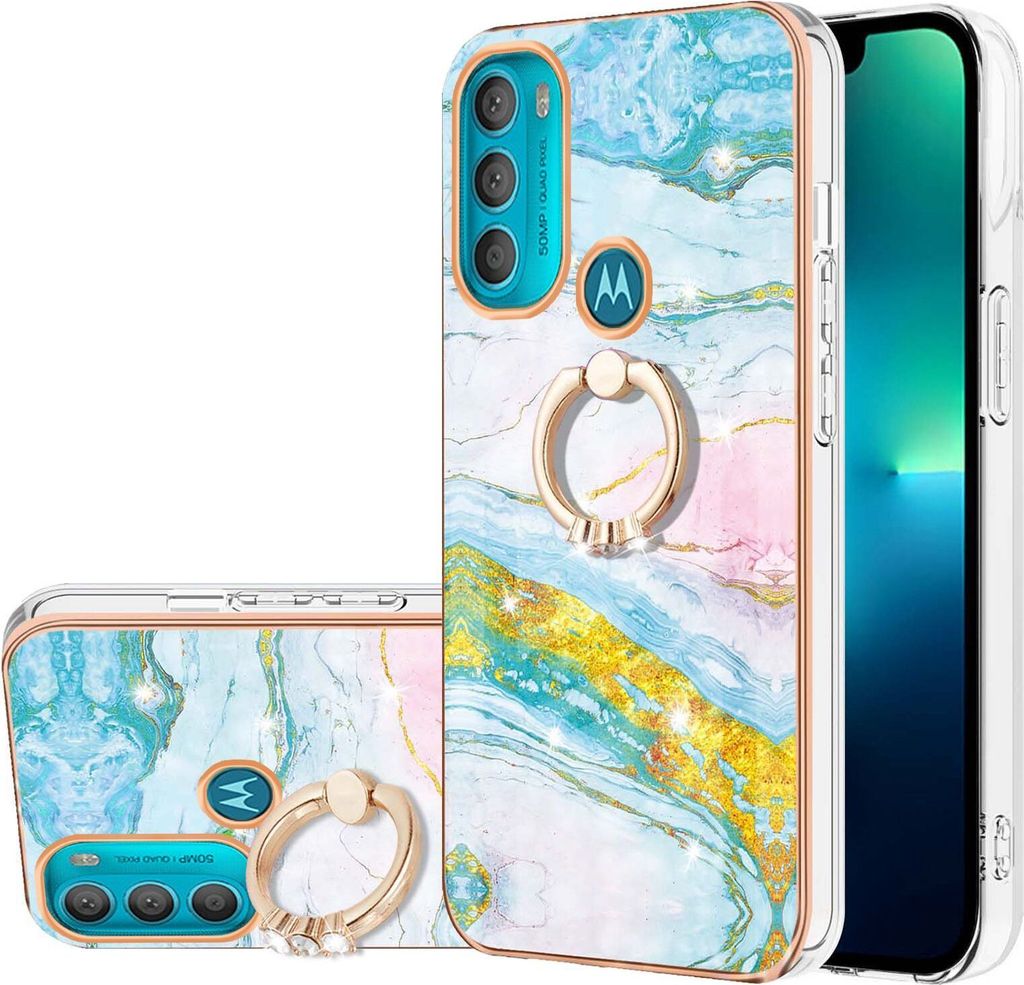 Hülle für Motorola Moto G71 5G Muster TPU Silikon Stoßdämpfer Bumper Schutzhülle mit Ring Ständer Türkis