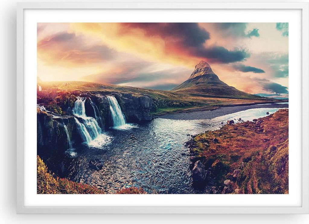 Gerahmtes Poster - Weißer Rahmen - Wasserfall Himmel Berg - Produktbild 