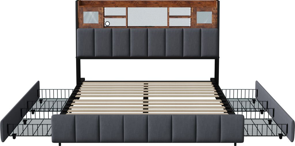 160 x 200 cm großes Bett mit LED-Beleuchtung und USB-Anschluss, Stauraumbett mit Schubladen, Bettgestell mit Lattenrost und Kopfteil, Doppelbett, ...