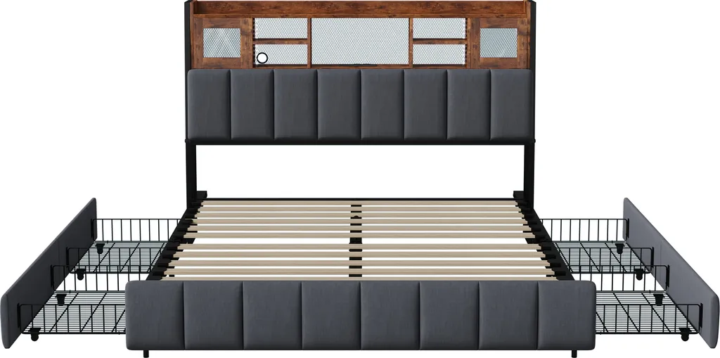 Grand Lit de Rangement 160x200 cm Noir Idéal pour Chambre Connectée