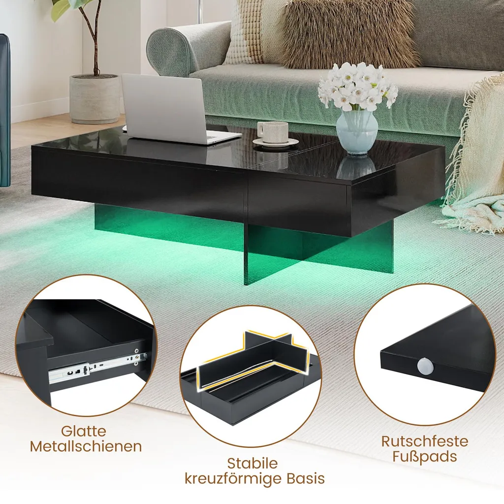 Table basse rectangulaire lumineuse LED à 3 tiroirs finition glossy - 7