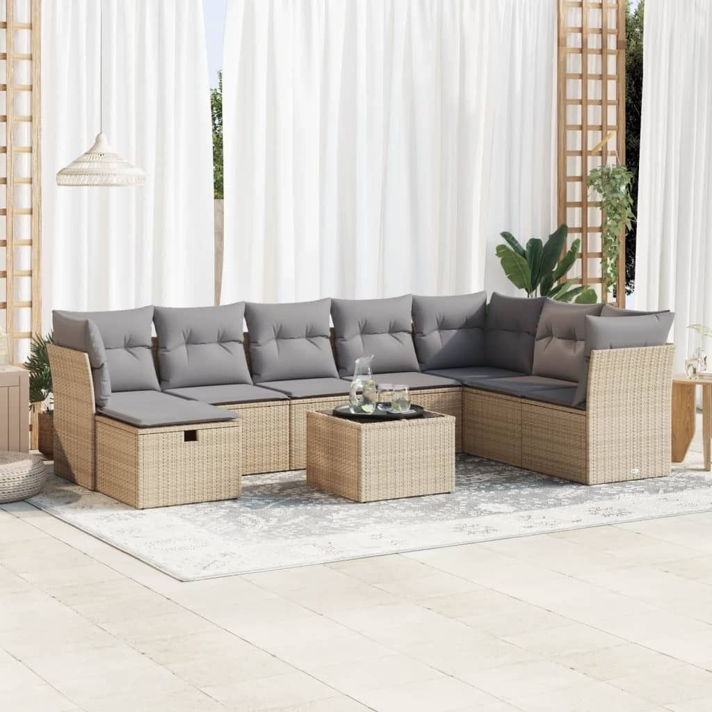 CLORIS 9-tlg. Garten-Sofagarnitur mit Kissen Beige Poly Rattan - Sitzgruppe 3325345