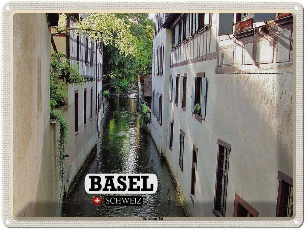 vianmo Blechschild 30x40 cm Basel Schweiz St. Alban-Tal Gebäude Bildmotiv Reisemotiv Abenteuer Reisen
