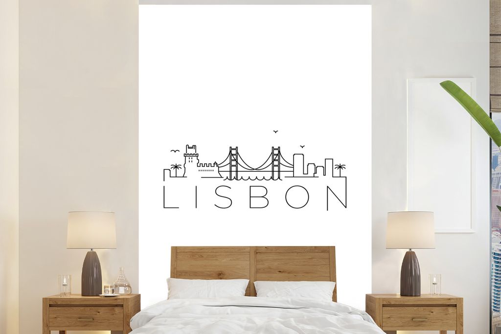 MuchoWow Fototapete für Wohnzimmer oder Schlafzimmer Wandtapete Vinyl Motivtapete Skyline "Lissabon" vor weißem Hintergrund - 225x350 cm - Schl...
