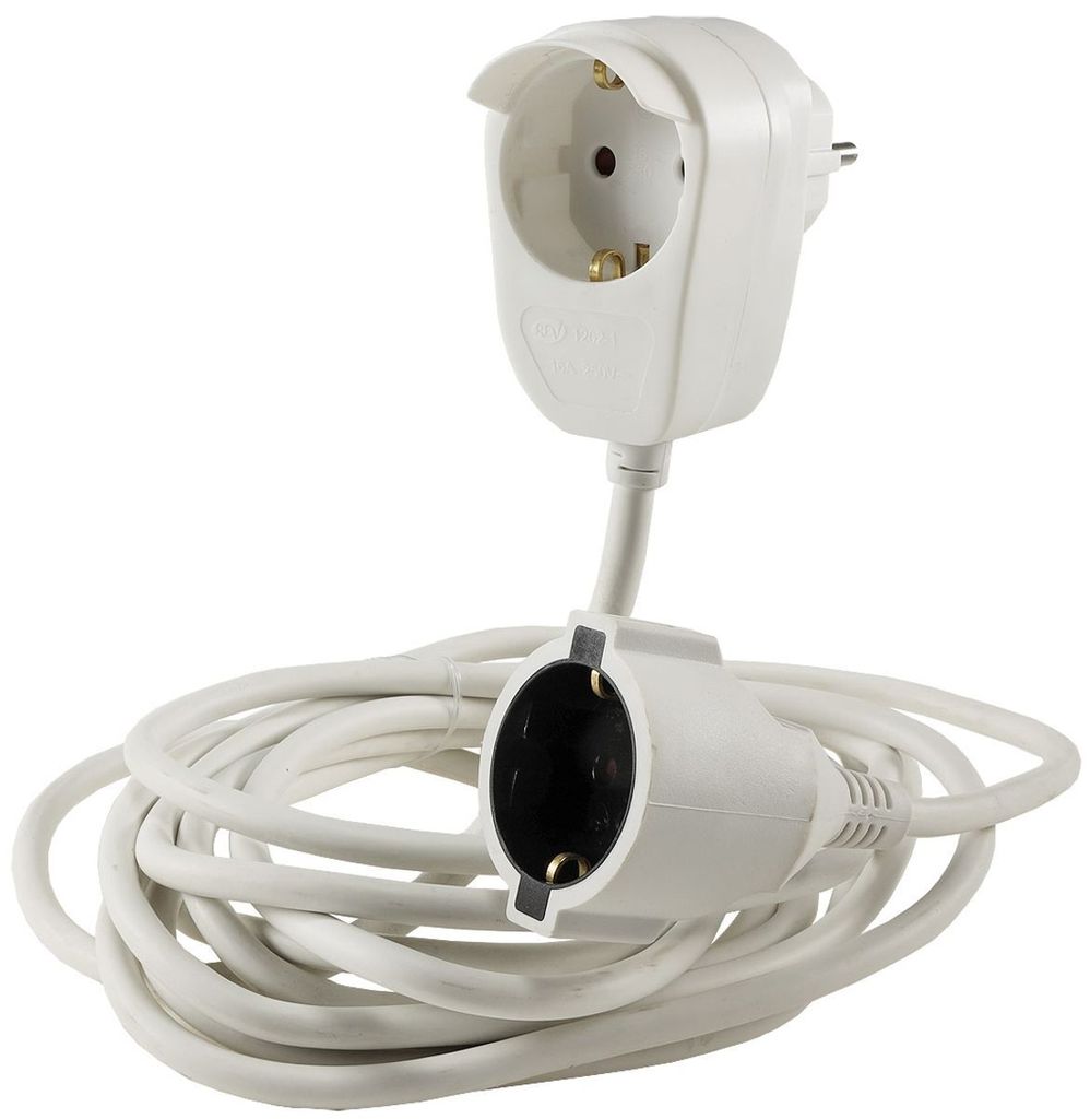 A white extension cord with a plug and socket, coiled on a white background.