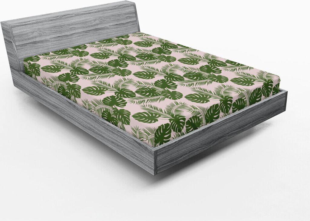 ABAKUHAUS Tropisch Spannbetttuch, Monstera Blatt Illustration mit Palme Laub exotischen Dschungel Zusammensetzung, 180 x 200 cm, Grün Baby Pink