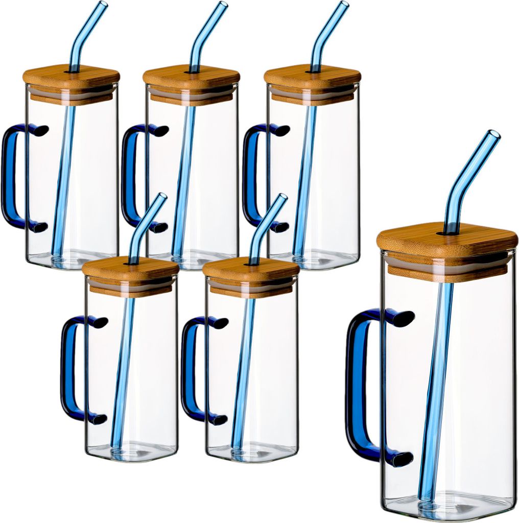 set di 6 bicchieri da 350 ml blu con manico, coperchio e Immagine del prodotto 
