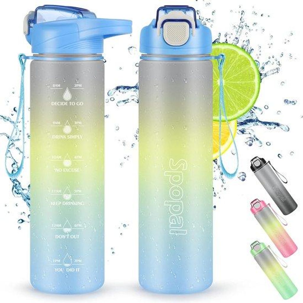 Unverwässerbare Trainingssportflasche, 1 Liter, Tritan, mit Zeitticks und Trinkstutzen, für kabellose Aktivitäten und Outdoor-Ausflüge (Turkis)