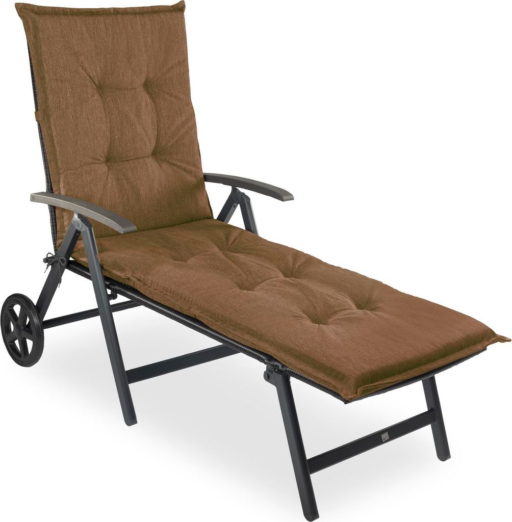 A brown cushioned lounge chair with a metal frame and wheels, shown on a white background.