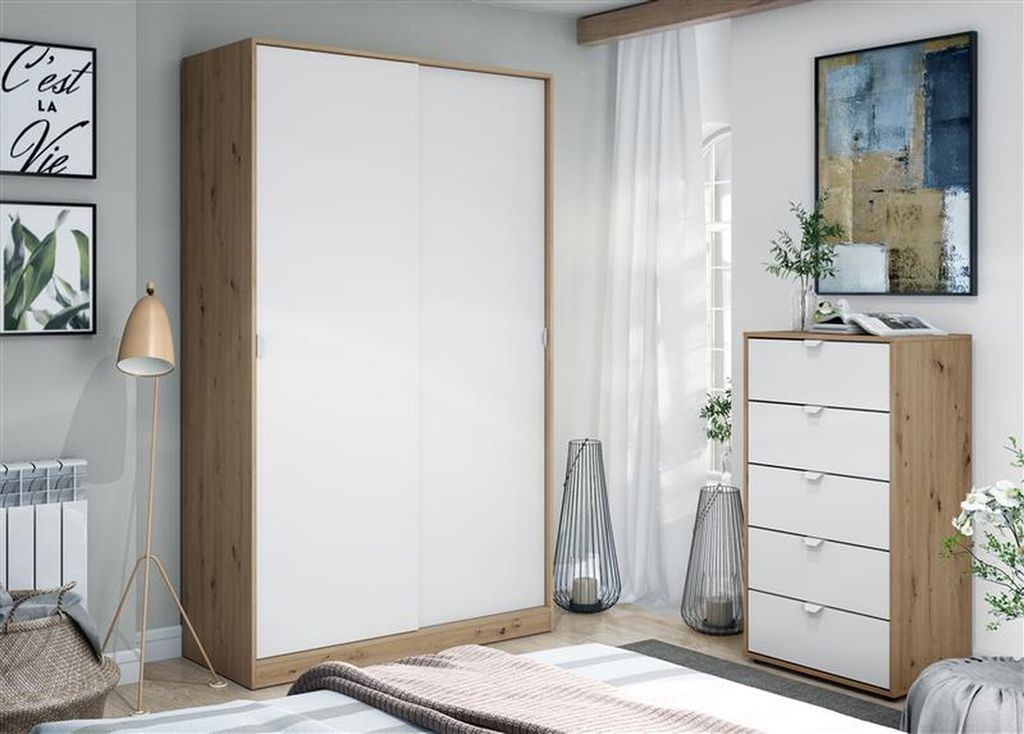Schlafzimmer-Set >GARONA< (2-teilig) Schrank + Kommode, Nodi Eiche Nachbildung / Artik Weiß
