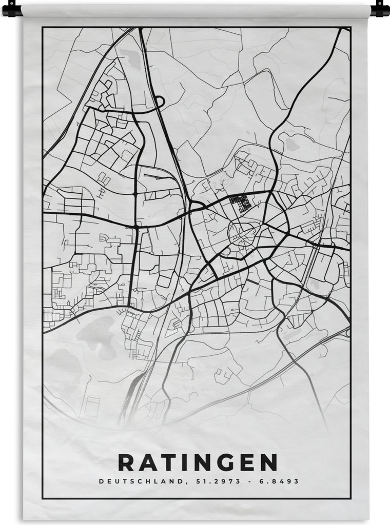 MuchoWow Wandteppich Wandbehang Ratingen - Karte - Stadtplan 60x90 cm Tapisserie Dekoration Wandtuch - Foto-Teppich - Abwaschbar