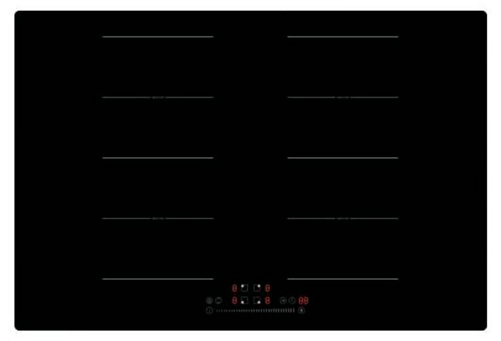 A top-down view of a black induction cooktop with heating zones marked by white lines and digital controls at the bottom.