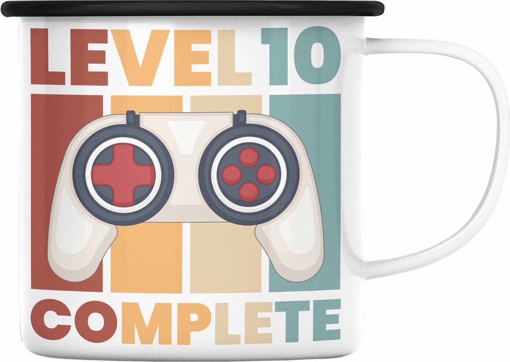 Trendation - 10. Geburtstag Emaille Tasse Geschenk Jungs Jungen Gamer Zocker 10 Jahre Alt Geburtstagsgeschenk Idee (Schwarz)