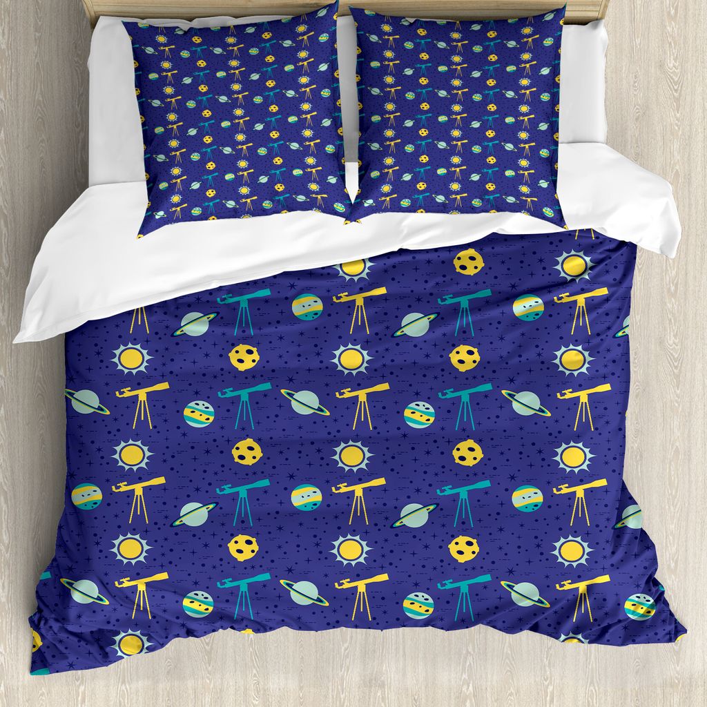 ABAKUHAUS Platz Bettbezug Set für Einzelbetten, Sonne Planeten und Teleskop, Milbensicher Allergiker geeignet mit Kissenbezug, 200 cm x 200 cm - 8...