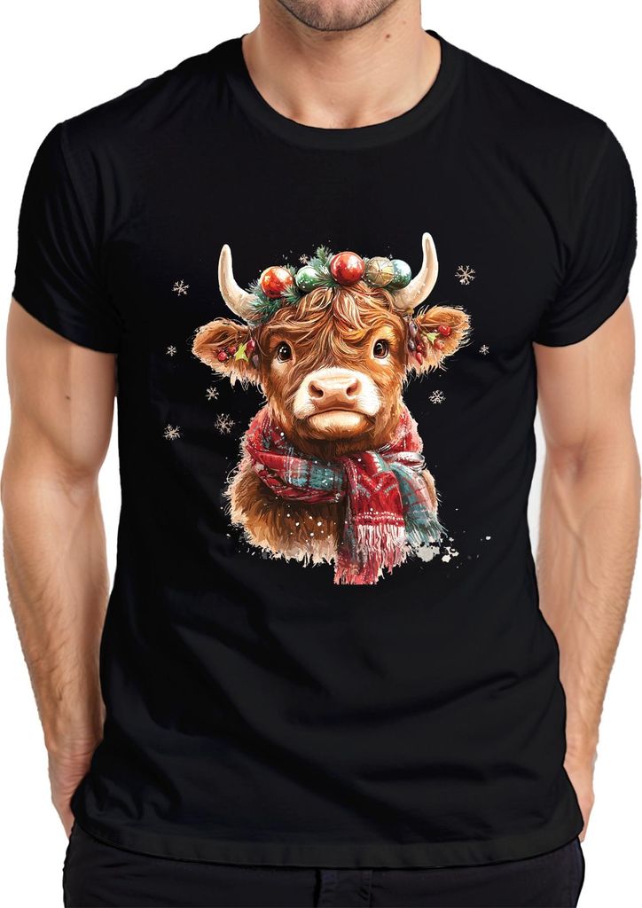 Weihnachten Niedliche Highland Kuh Schneeflocken Vintage Geschenk Herren T-Shirt, Schwarz, 3XL