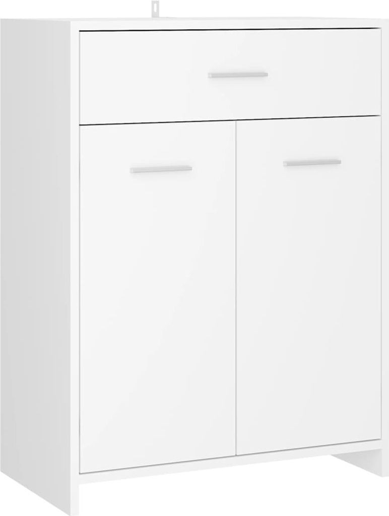 A white bathroom cabinet with a drawer and two doors, shown from the front.