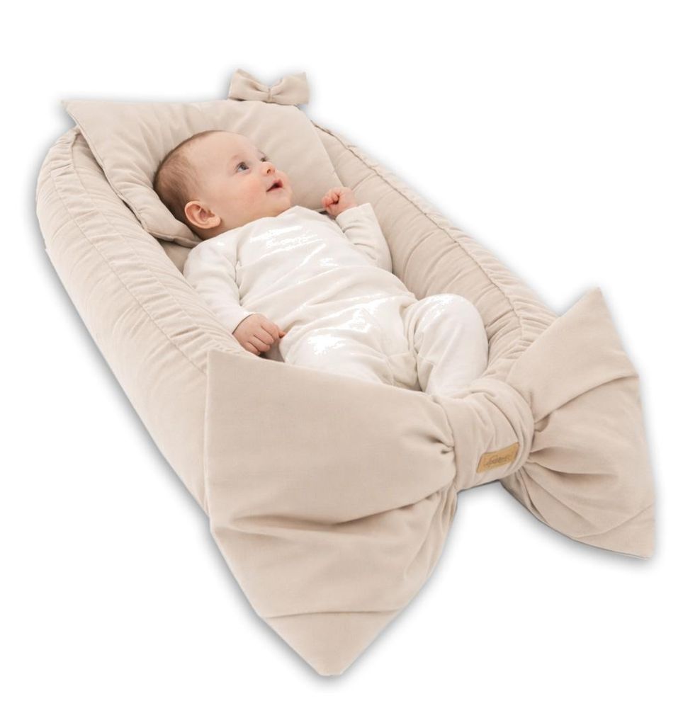 Babynestchen mit Kissen, Kuschelnest für Neugeborene, Samt/Velvet Baby Kokon, Atmungsaktives Reisebett mit Schleife, Beige, Standard 100