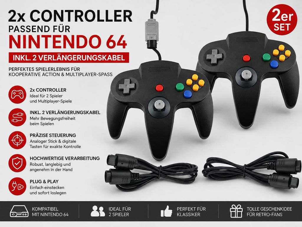 2x Controller passend für Nintendo 64 N64 – Gamepad Joypad Produktbild  KI-generiertes Bild
