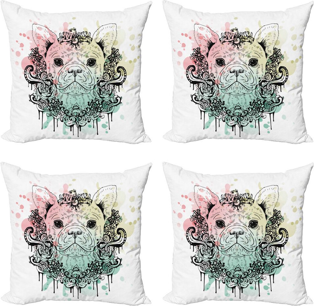 ABAKUHAUS Tier Kissenbezug Set (4 Stück), Französisch Bulldog Blumen, Moderner Doppelseitiger Digitaldruck, 40 cm x 40 cm, Hellgrün Blassrosa