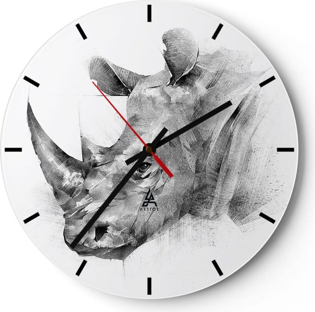 Wanduhr - Rund - Glasuhr - Nashorn Porträt Grafik - 30x30cm - Schleichendes Uhrwerk - Lautlos - zum Aufhängen bereit - Dekoration Modern - Wandde...
