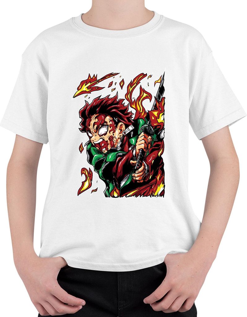 Dämonenjäger Samurai Katana Feuer Anime Geschenk Japan Y2K Streetwear Uni Kinder T-Shirt, Weiß, 104